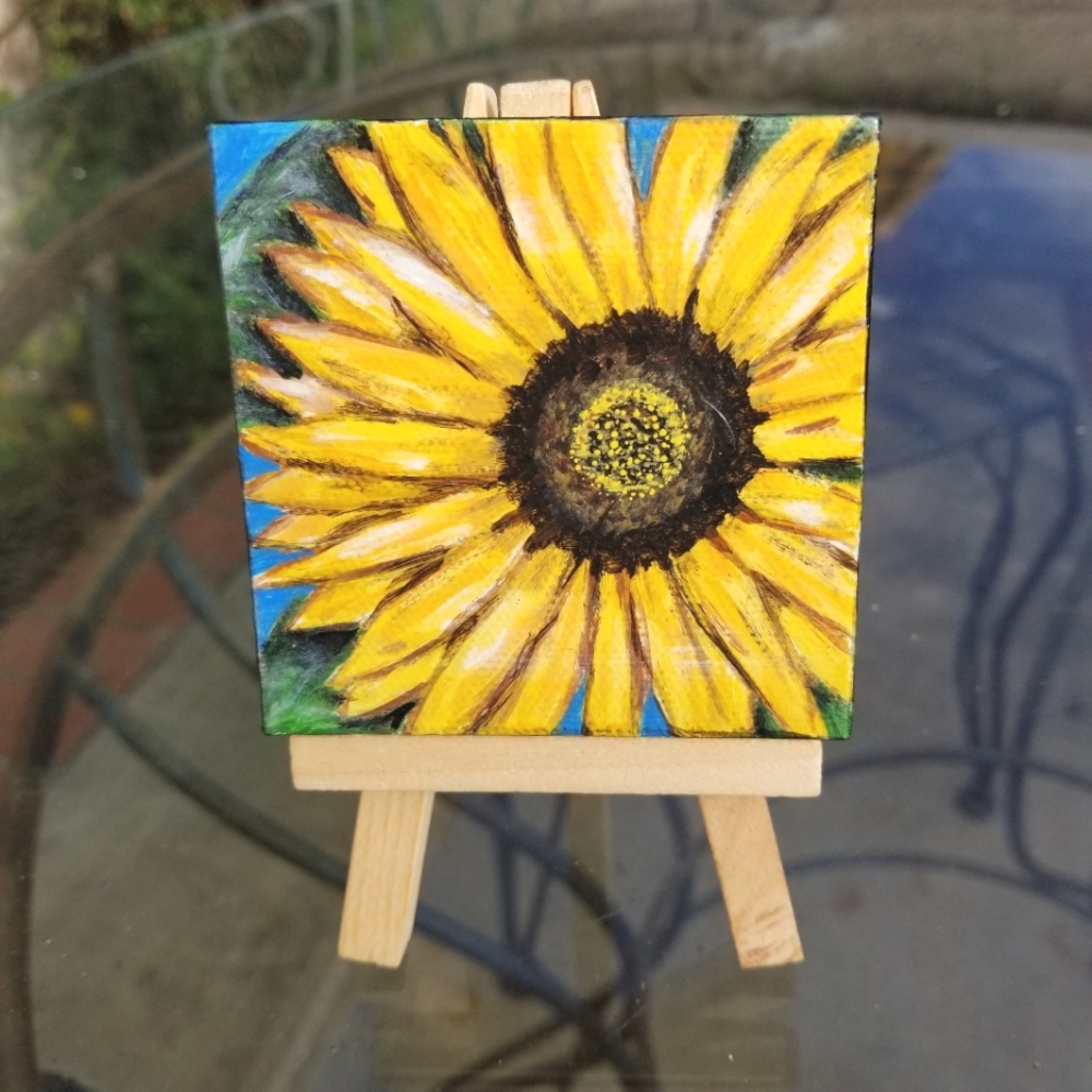 Handpainted Sunflower on Mini Canvas - Size 3"×3"